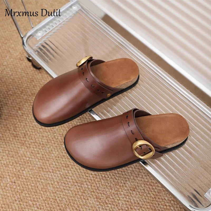 Mrxmus Dutit 2023 Women Genuine Leather Metal Buckle Wooden Clog Thick-soled Sandals Casual Versatile Burkane Shoes Female Chic