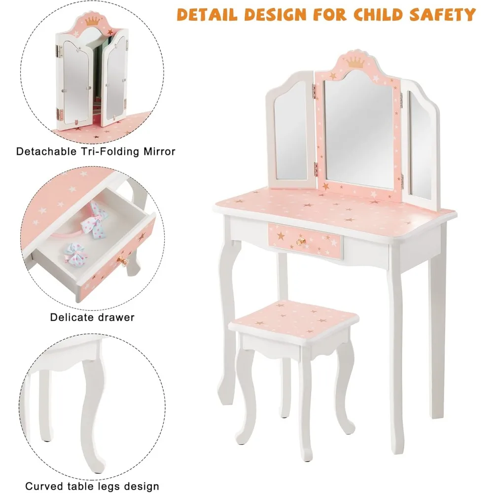 Juego de mesa y silla de tocador para niños, juego de tocador para niñas con taburete, espejo triple plegable, tocador de maquillaje, mesa de princesa con cajón