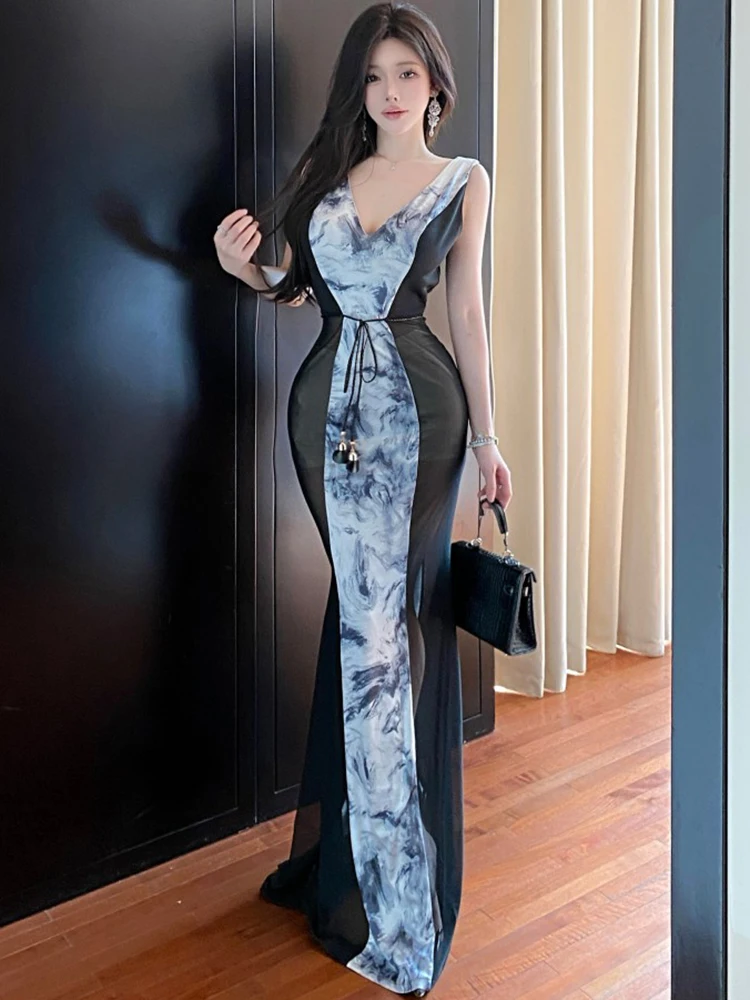 Women Print Mesh Patchwork Sheer Sexy Sling Long Dress 2025 Korean Vintage Luxury Evening Dress Summer Elegant Bodycon Vestidos