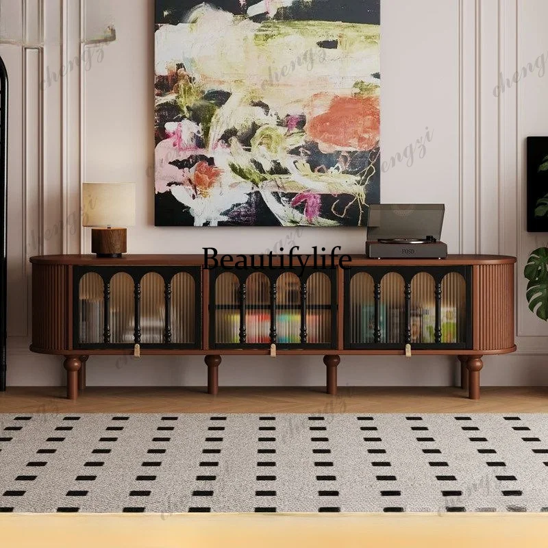 

French retro solid wood TV cabinet black American living room coffee table TV cabinet combination floor storage