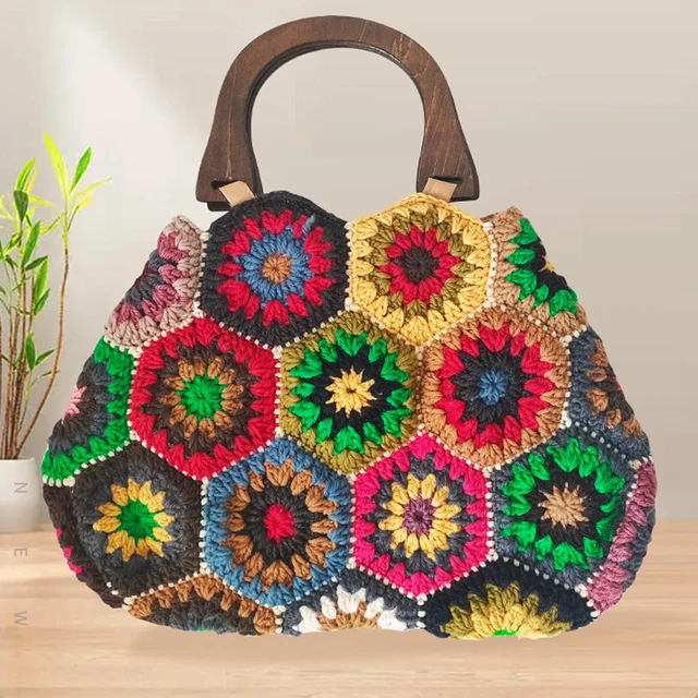 Bolsos de Mano Bohemios de Ganchillo con Cuadrados Granny para Mujer, Bolsos Tejidos Vintage de Madera, Bolsos Grandes Hechos a Mano, Bolsos de Compras Grandes 2026