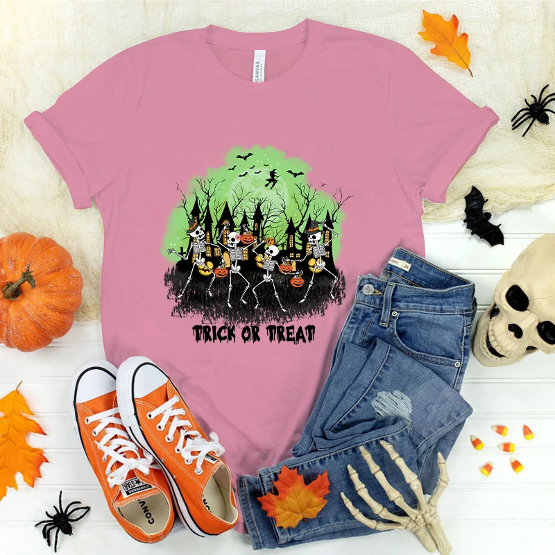 Camiseta de manga corta para mujer, camisa a la moda de Halloween, esqueleto, truco o trato, prémium