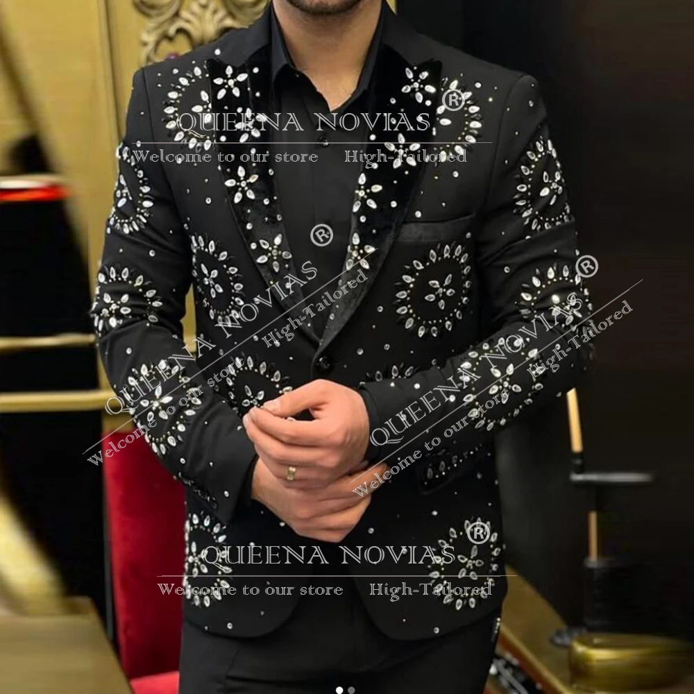 

Роскошный свадебный смокинг для жениха, индивидуальный однобортный пиджак для выпускного вечера, бриллиантовый бисер, камень, мужское вечернее платье, костюмы для мужчин