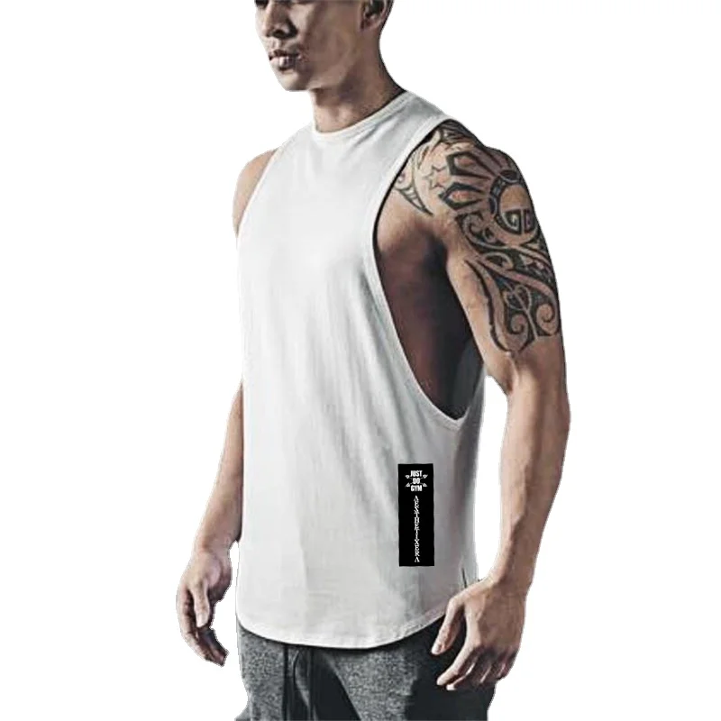 Mens Cotton Round Neck Sleeveless Tank Tops With Deep Drop Armhole Curved Hem Gym Workout Running Muscle Vest T Shirt Male