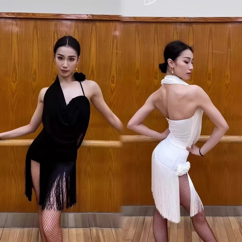 

Latin Dance Dress Performance Costumes For Women Hanging Neck Tassels Split Suit Female Chacha Tango Latin Dance Clothes DN20612