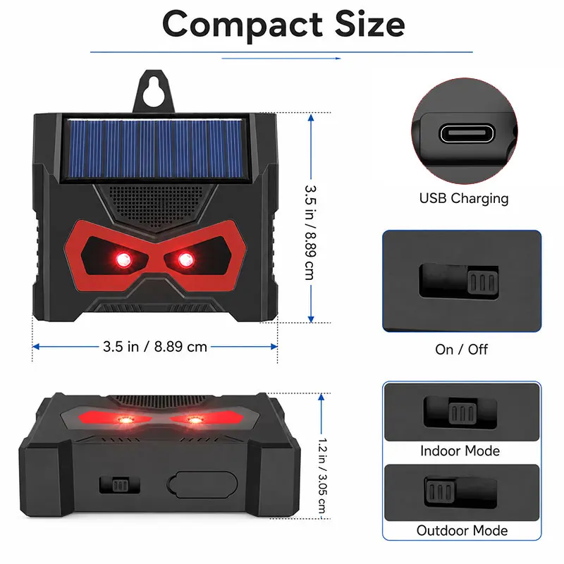 Solar-Tiervertreiber mit LED-Blinklicht und Ultraschall zur Abwehr von Vögeln, Hunden, Füchsen und Mäusen für Hof, Garten und Farm – Detail 5