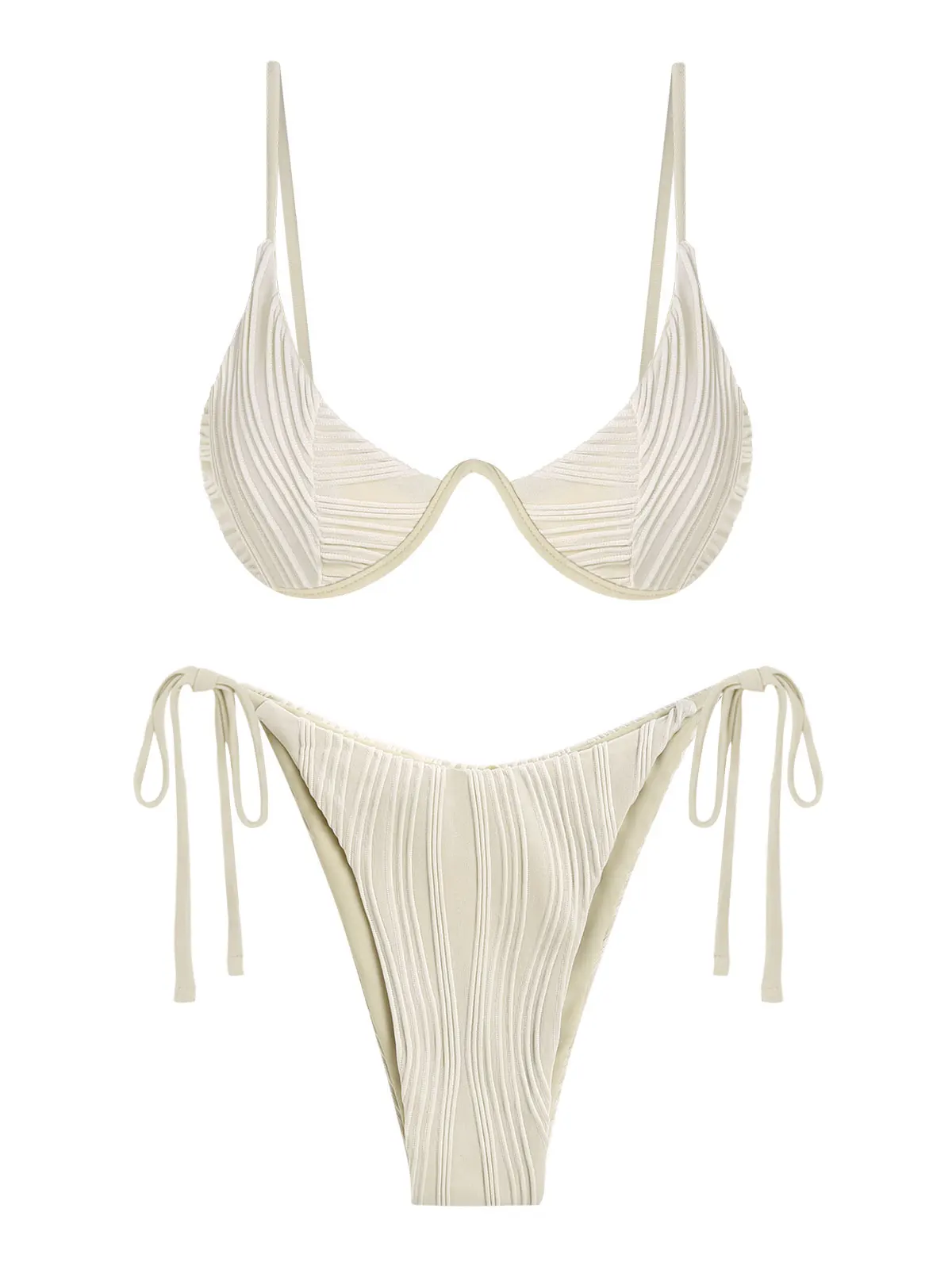 Zaful feminino com nervuras gravata lateral biquíni roupa de banho underwire push up sólido cintura baixa duas peças monowire maiô beachwear banho