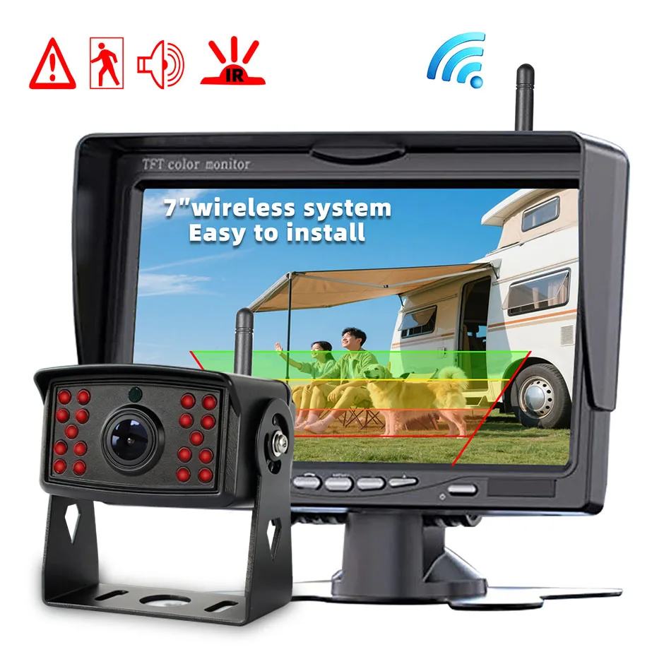 HD Wireless Backup Camera Infrared Night Vision Rear 7In Monitor AHD1080P BSD for Truck Bus RV Camper Trailer Excavator Lorry
