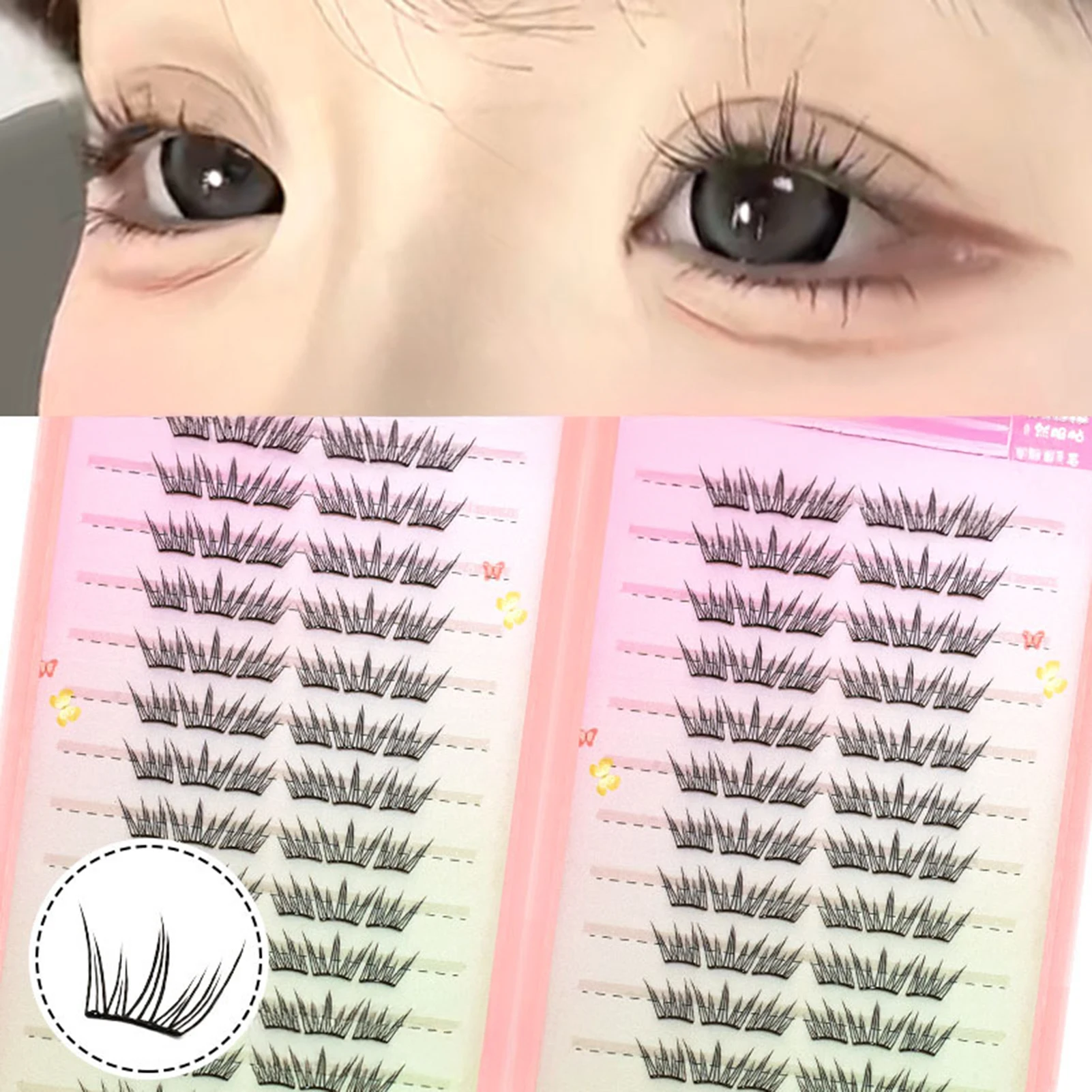 Klebefreie Faser-Cluster-Wimpern Schwarz Selbstklebende Wispy Thin Strip C-Curl 9-12mm Gemischte Längen