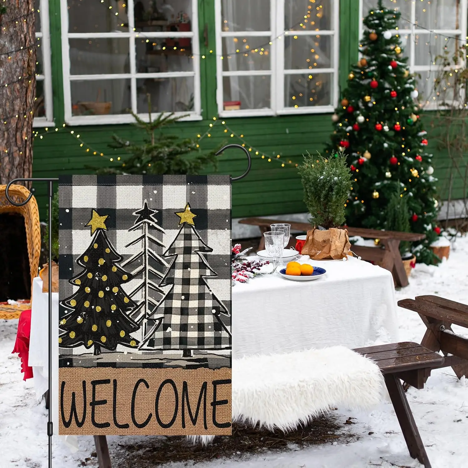 Heyfibro Christmas Welcome Garden Flag 12x18 Inch Double Sided Burlap, Golden Wave Point Christmas Tree Buffalo Plaid Yard Flag