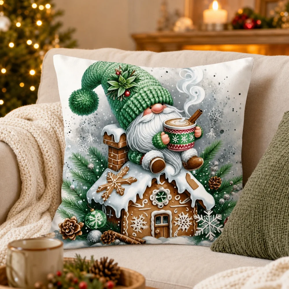 Winter Christmas Hat Santa Gingerbread House Pattern Pillow Cover/Pillow Core 45X45cm Christmas Guest Bedroom Headboard Matching