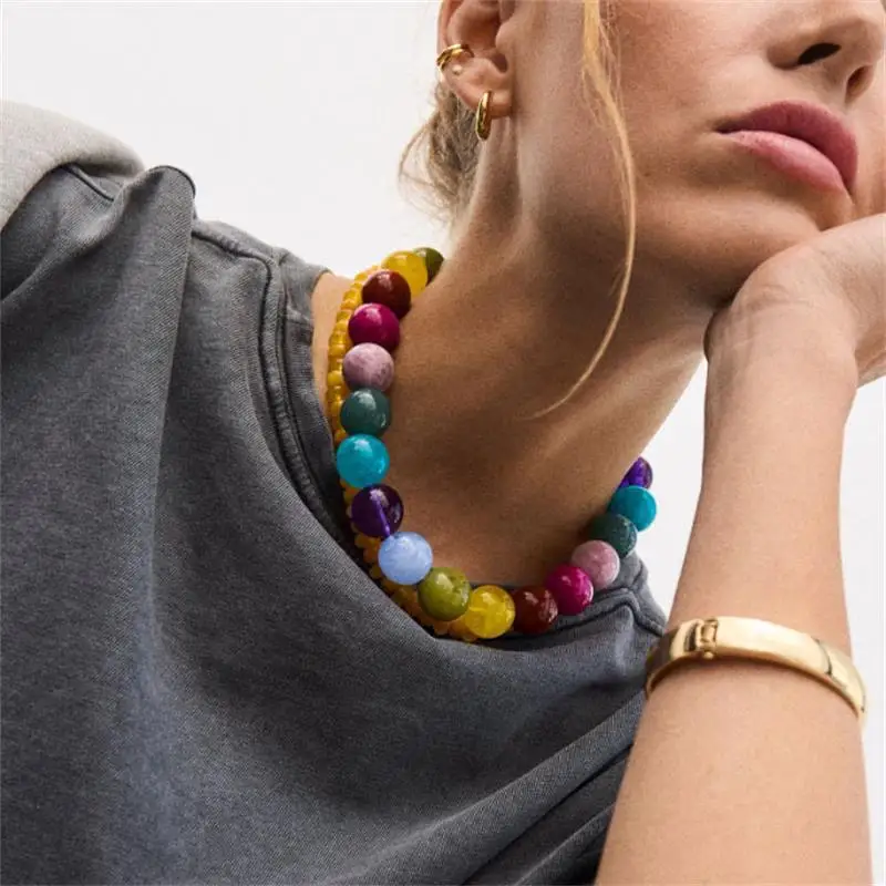 Boho Multicolored Chunky Bead Choker Necklace for Women