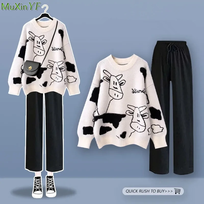 Women Autumn Winter Cute Cartoon Knit Tops Black Pants 1 or Two Piece Set Korean New Student Casual Loose Sweater Trousers Suits