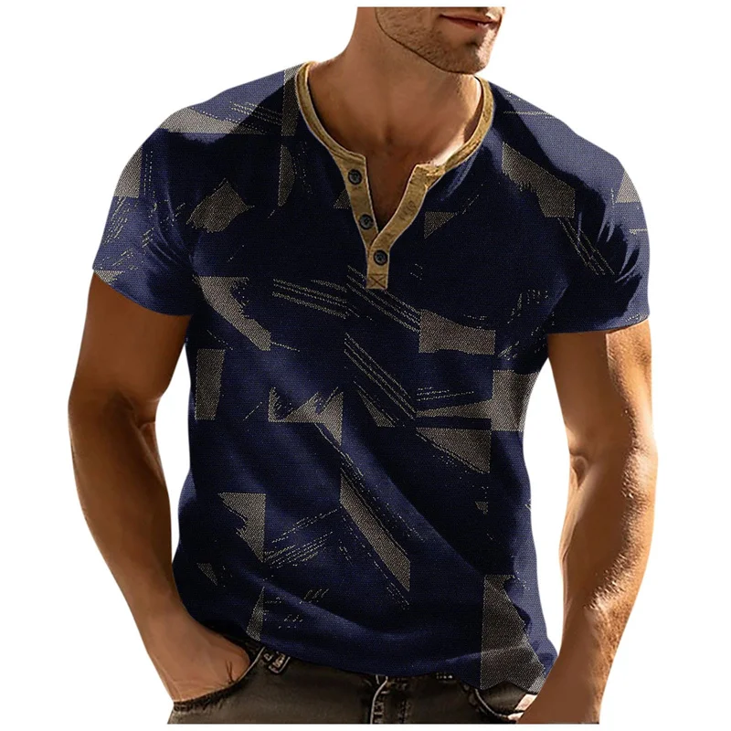 Retro Textured Plaid Three-Dimensional Printing T-Shirt Men's V-Neck Buttons Short-Sleeved Fashion Street Beat Pullover Men Tops