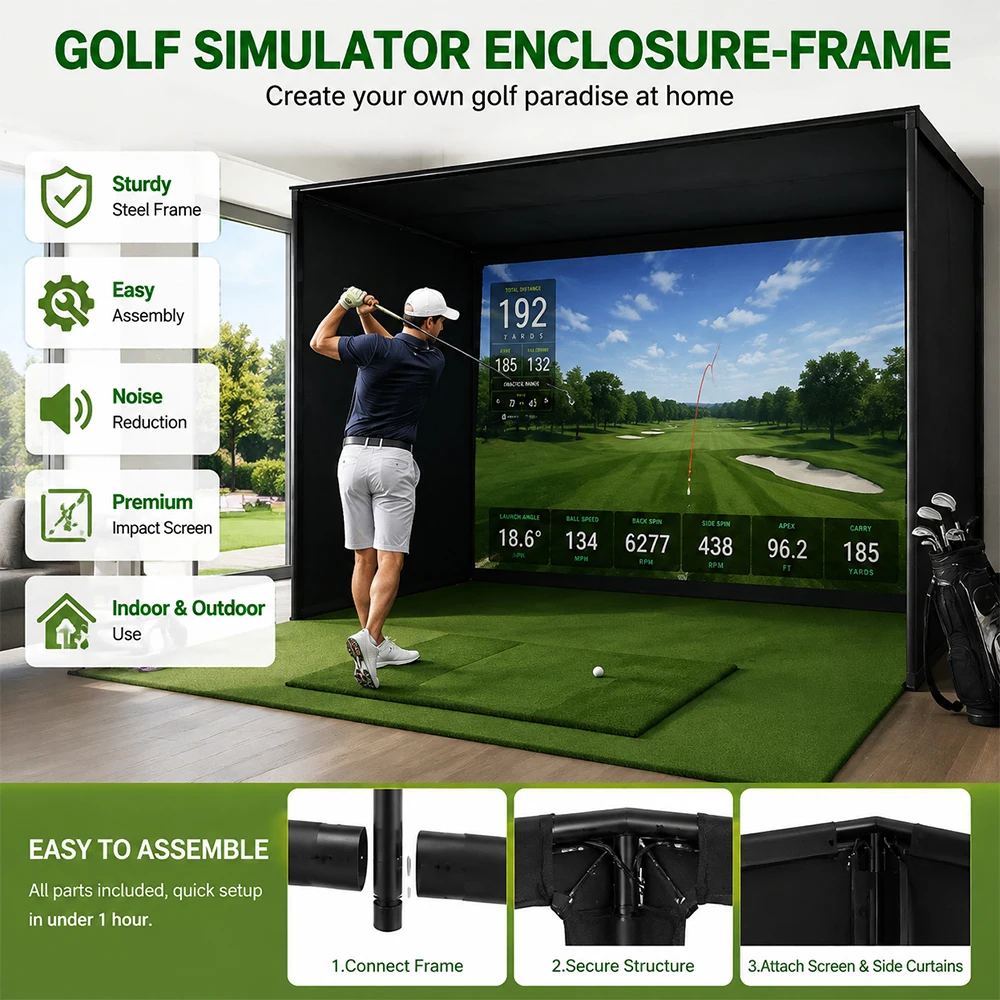 Premium Golf Simulator Enclosure Frame 3x2.4m, Durable Steel Structure with Impact Screen, Indoor Golf Training System for Home
