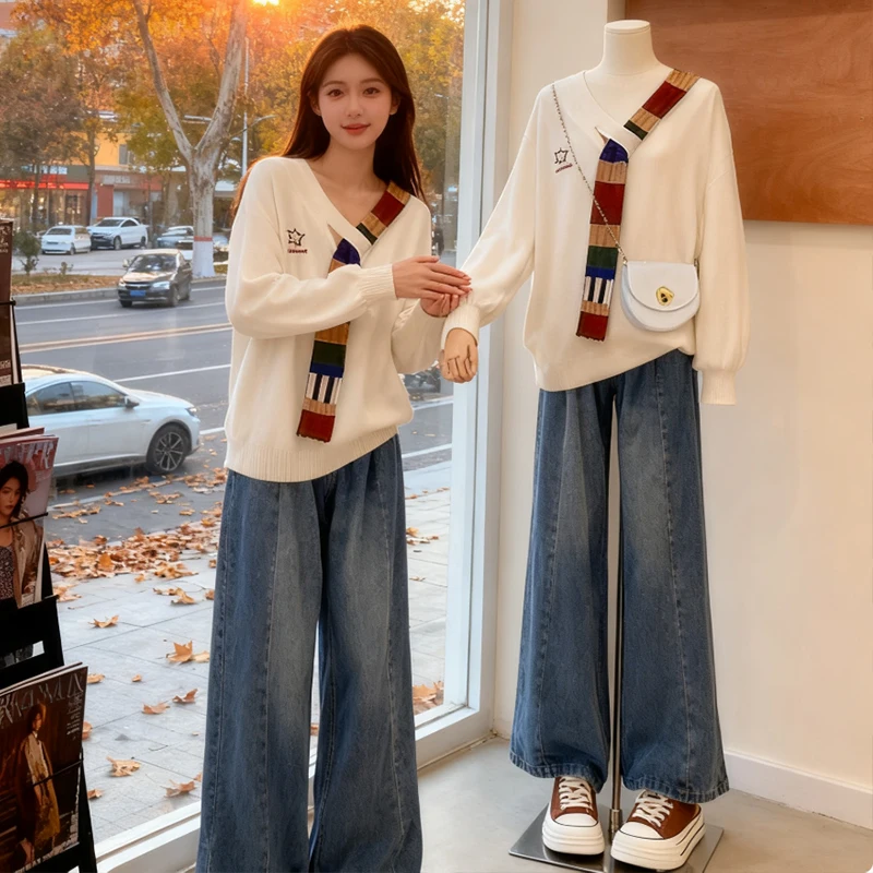 

Large Size Winter College Style Knitted Sweater And Jeans Three Piece Set for Women Age Defying Elegant Fashionable Ensemble