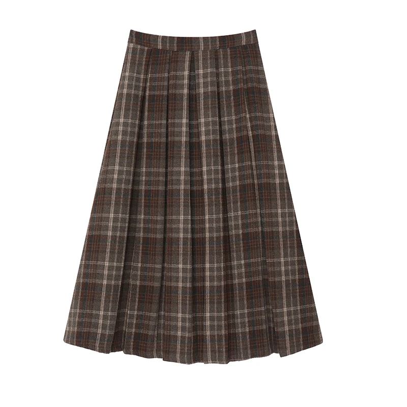 Vintage Woolen Pleated Skirt Women Fall Winter High Quality Plaid Long Skirt Female Preppy Style Streetwear Faldas Mujer 2025