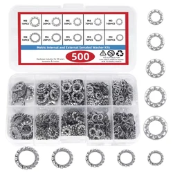 500pcs/Box Mix M3 M4 M5 M6 M8 External Internal Toothed Serrated Lock Washer Gasket Assortment Kit Set 304 A2-70 Stainless Steel