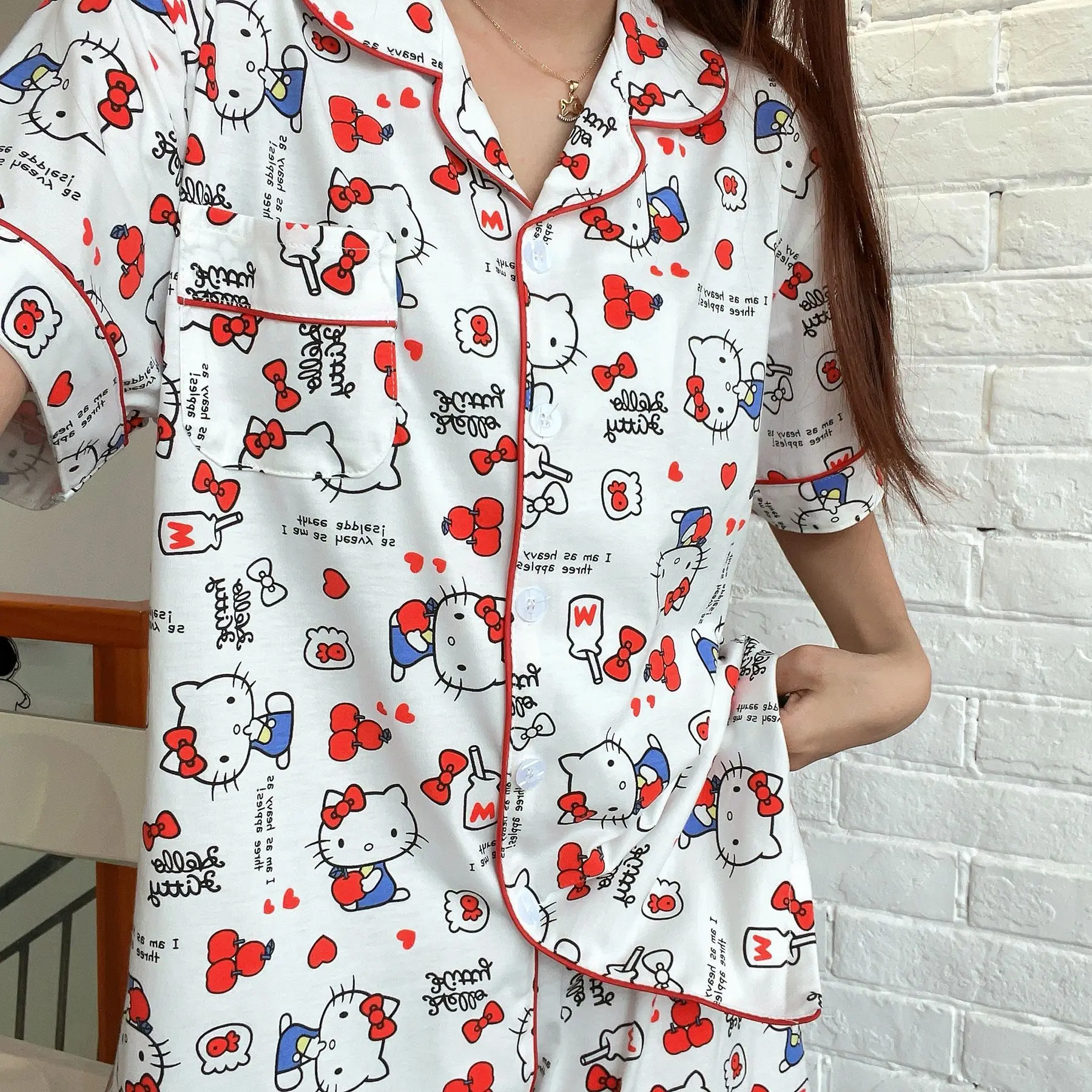 

2024 New Hello Kitty Short Sleeve Shorts Pajamas Kawaii Sanrio Anime Summer Cotton Cartoon Sweet Cute Girl Homewear Set Kid Gift