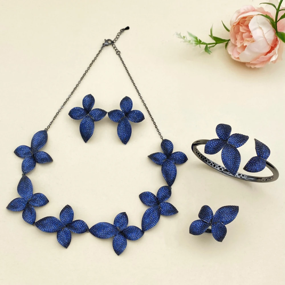 

Флора блестящий четырехлистный клевер с кубическим цирконием, имитация ювелирного набора, медный вечерний вечерний подарочная коробка, браслет, кольцо, ожерелье, серьги