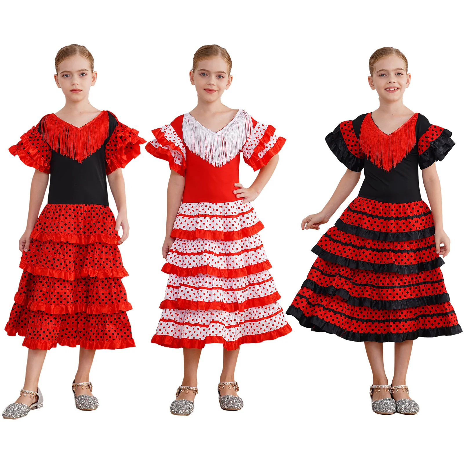 Kids Girls Flamenco Dance Dresses Stage Performance Costume Tassel Ruffled Sleeve Dots Tiered Ruffles Ballet Dance Tutu Dress