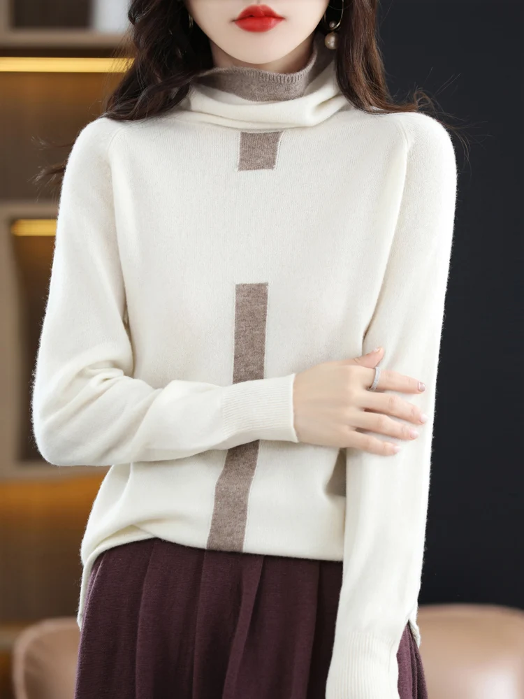 100% Mink Cashmere Sweater Ladies Pile Collar Pullover Tops Spring / Autumn New Colorblock Top Korean Style Fashion Tight Thin