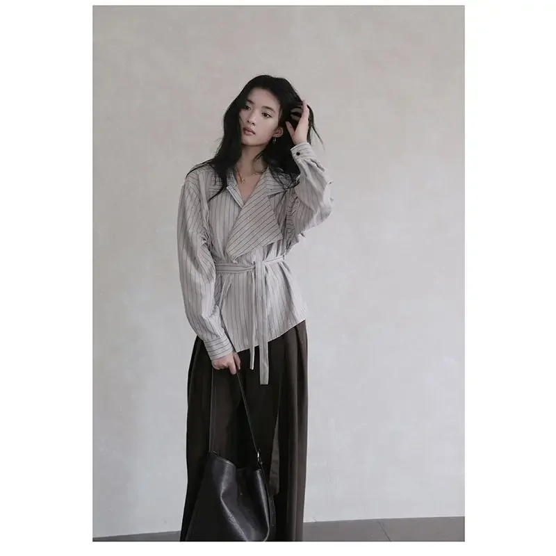 Deeptown Lace Up Striped Women Shirt Vintage Elegant Long Sleeve French Style Button Blouse Female Loose Office Lady Casual New