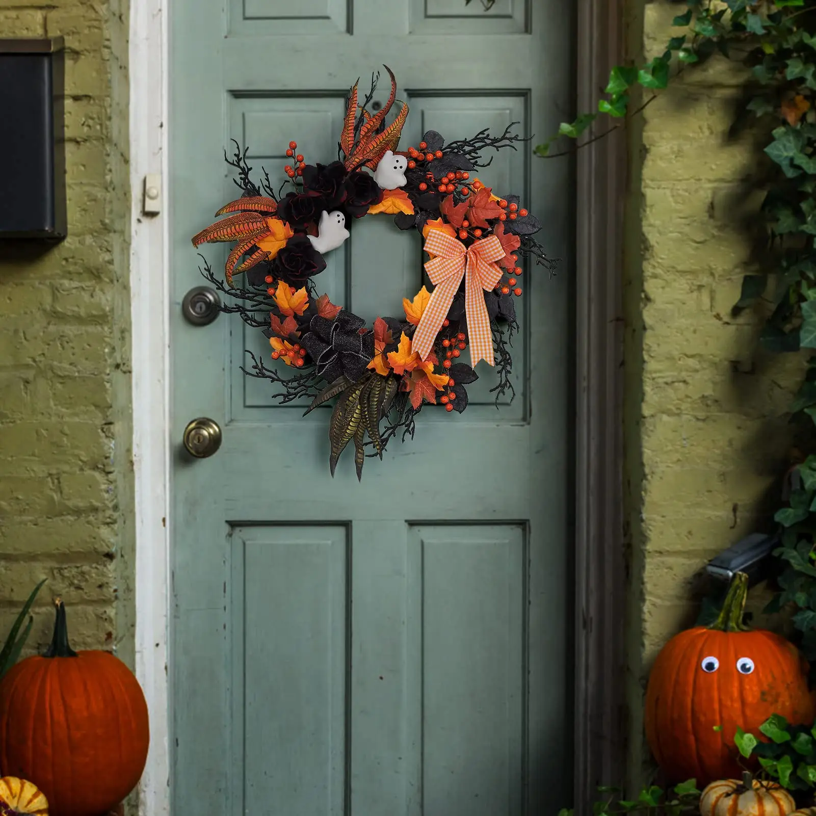 26 Inch Halloween Ghost Wreath For Front Door With Black Roses, Maple Leaves, Orange Bow, Spooky Indoor Outdoor Porch Wall Decor - view 8