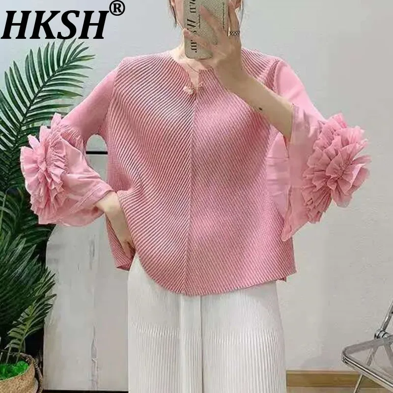 

HKSH Новая летняя женская футболка с длинными рукавами и оборками в стиле пэчворк, однотонный универсальный пуловер, элегантные футболки, шикарные HK10576