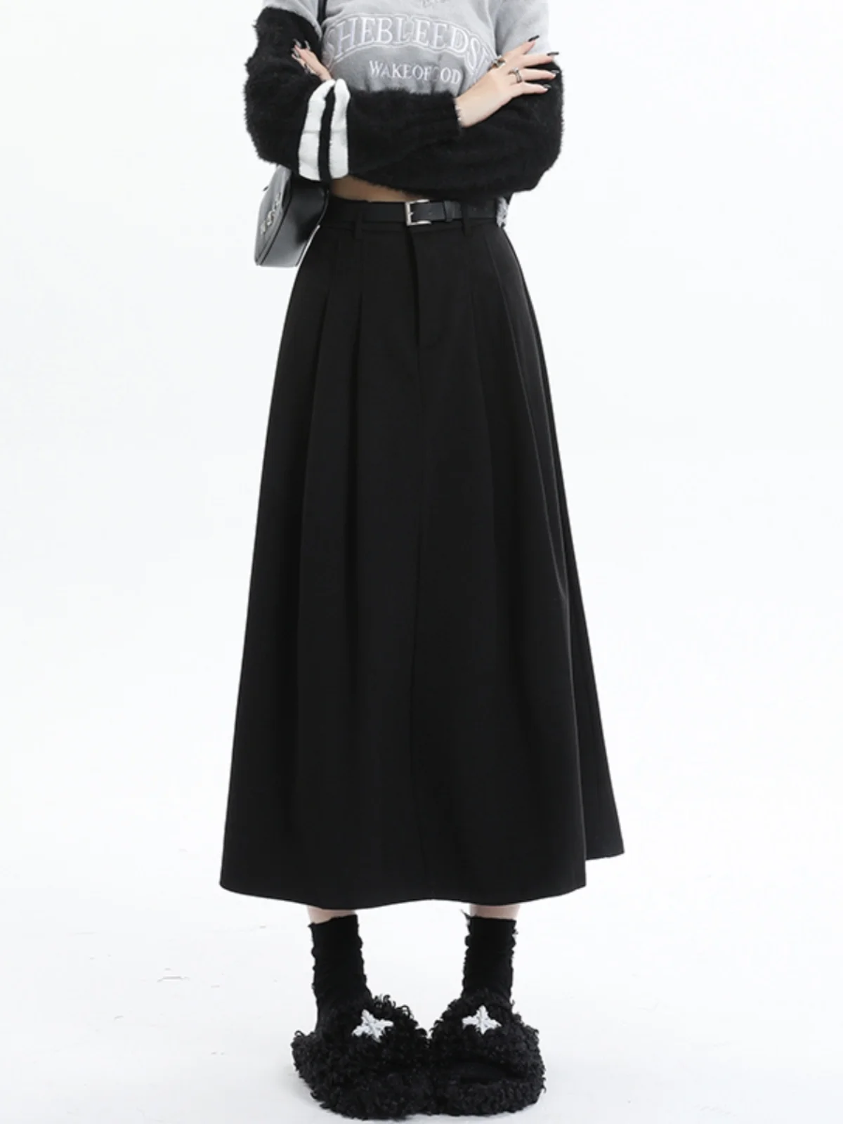 

Серая шерстяная юбка А-силуэта для женщин, осенне-зимняя, с высокой талией, драпированная, миди, расклешенная, длинная юбка-солнце