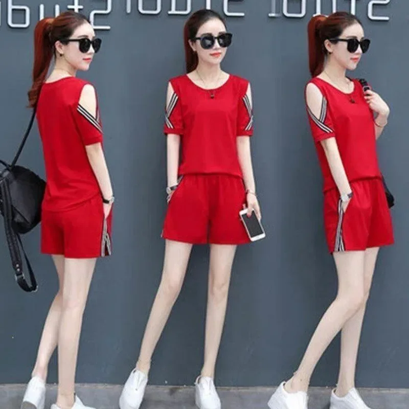 

Women's Casual Tracksuit Summer New Korean Fashion Loose Crop Top Shorts Two Piece Set Plus Size Blouses For Women Clothing Z51