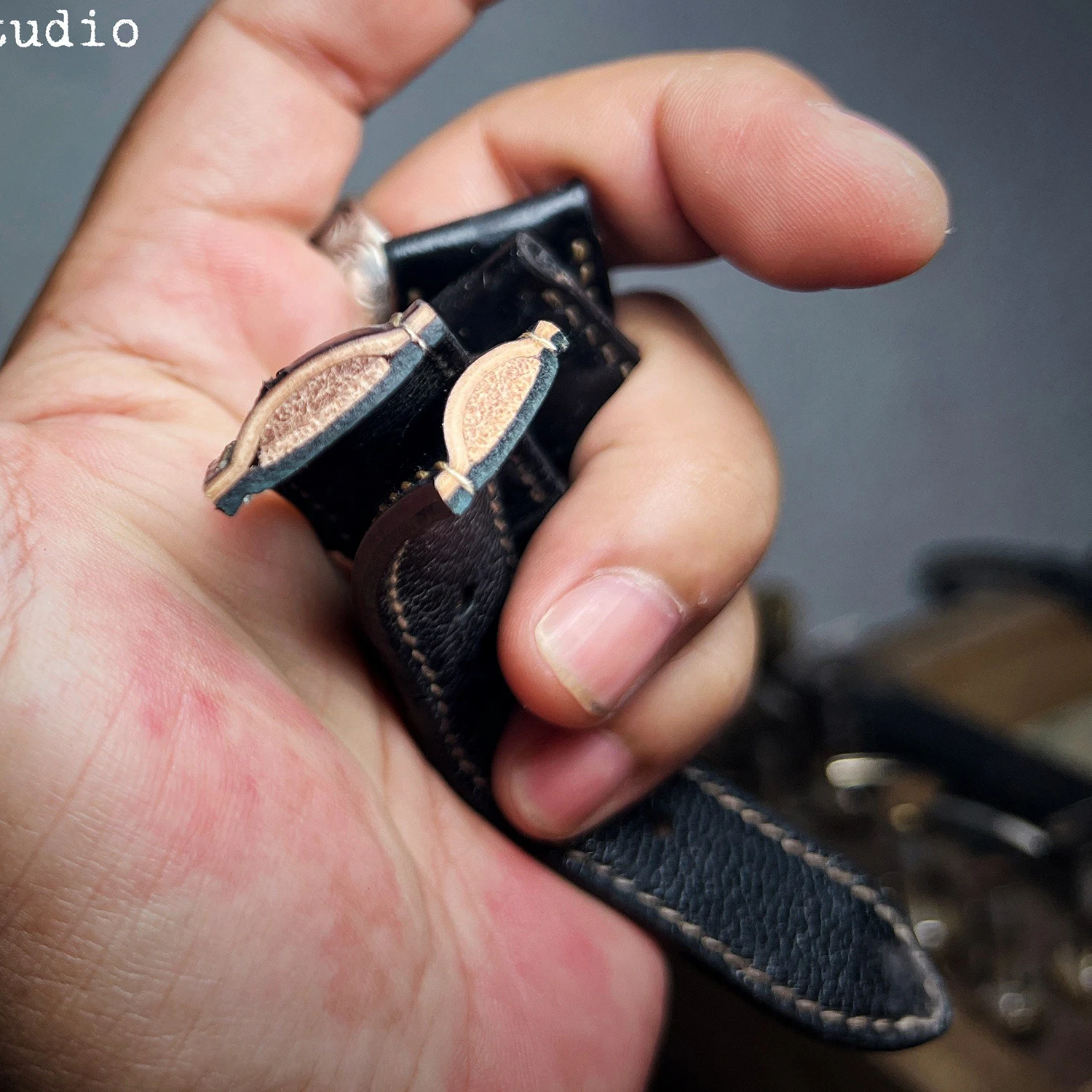 HANDMADE CUSTOM SHELL CORDOVAN WATCH STRAP, PADDED, DOUBLE STRAP, SWORD BONE, BRIGHT GLOSS, SOFT, SIMPLE