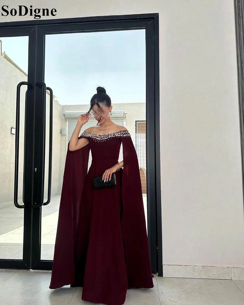 SoDigne Dubai Elegant Satin A-Line Evening Dresses Beading Cape Sleeves 2024 Saudi Arabic Formal Occasion Prom Gowns for Women