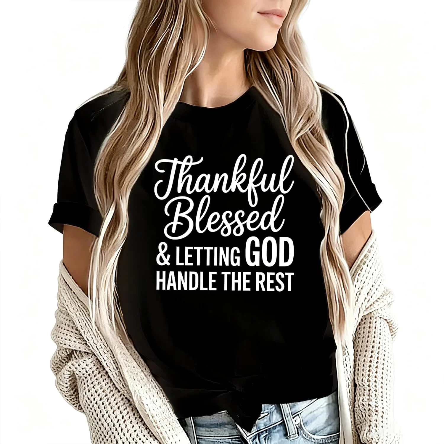 Thankful Blessed & Letting God Handle the Rest Women's T-Shirt 100% Cotton Funny Graphic Short Sleeve Tee Novelty Shirt Casual Crew Neck Top S-5Xl