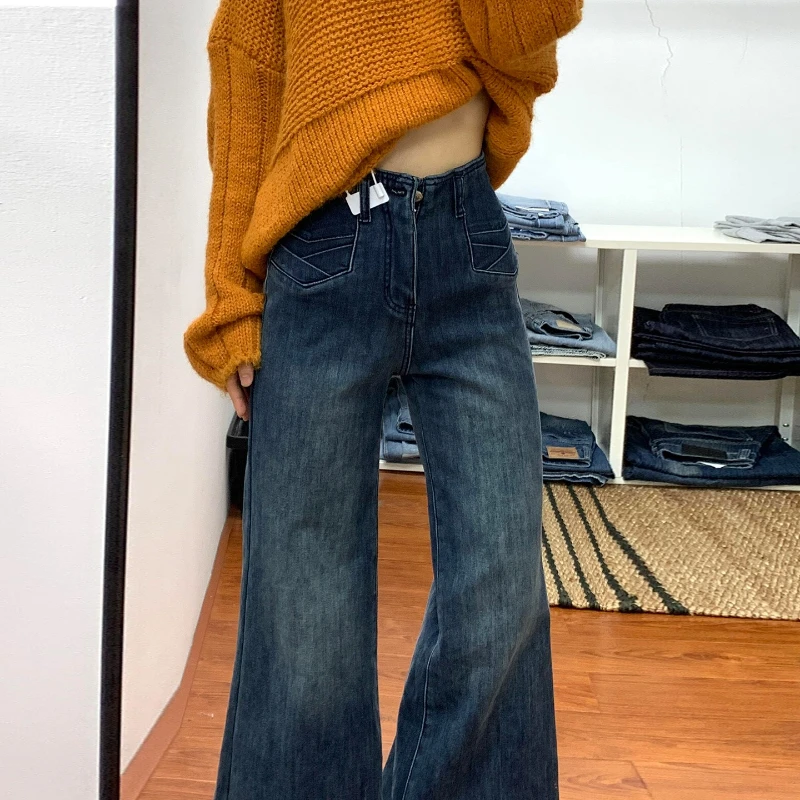 بنطلون جينز نسائي من الصوف عالي الخصر وواسع الساق من قماش الدنيم مسحوب قليلاً مريح مناسب 2025 طراز عصري