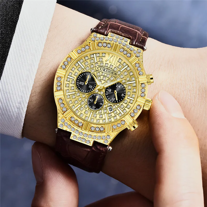 Men Original CURDDEN Brand Watches Students Fashion Leather Band Diamond Gold Date Quartz Wrist Watch Relogios Masculinos 2025