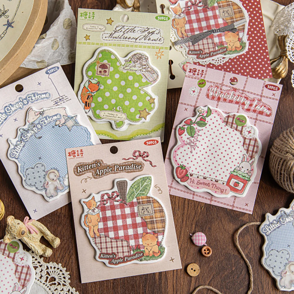 ペニーの手作りボックスシリーズの付箋30枚、レトロカラーのパッチワーク、学生用メモとメッセージペーパー