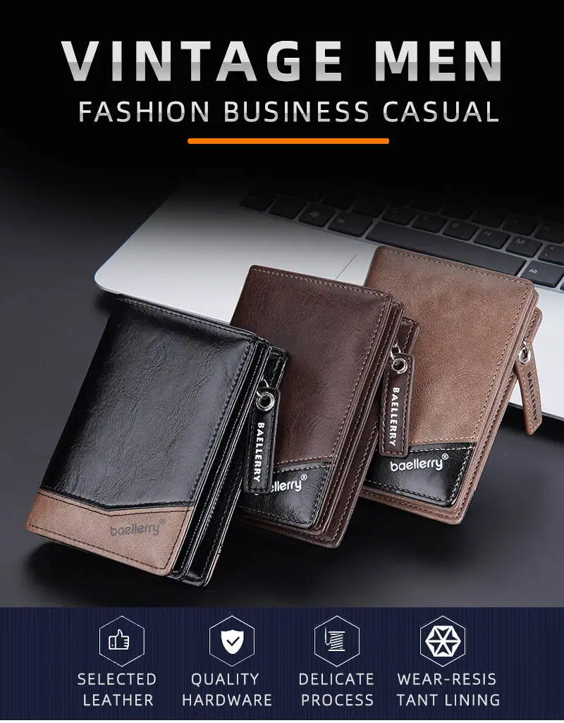 Baellerry Men's Pu Leather Wallets Large Capacity Multi-Card Slot Zipper 80% off Wallet Window Coin Pocket Ideal Gift for Men