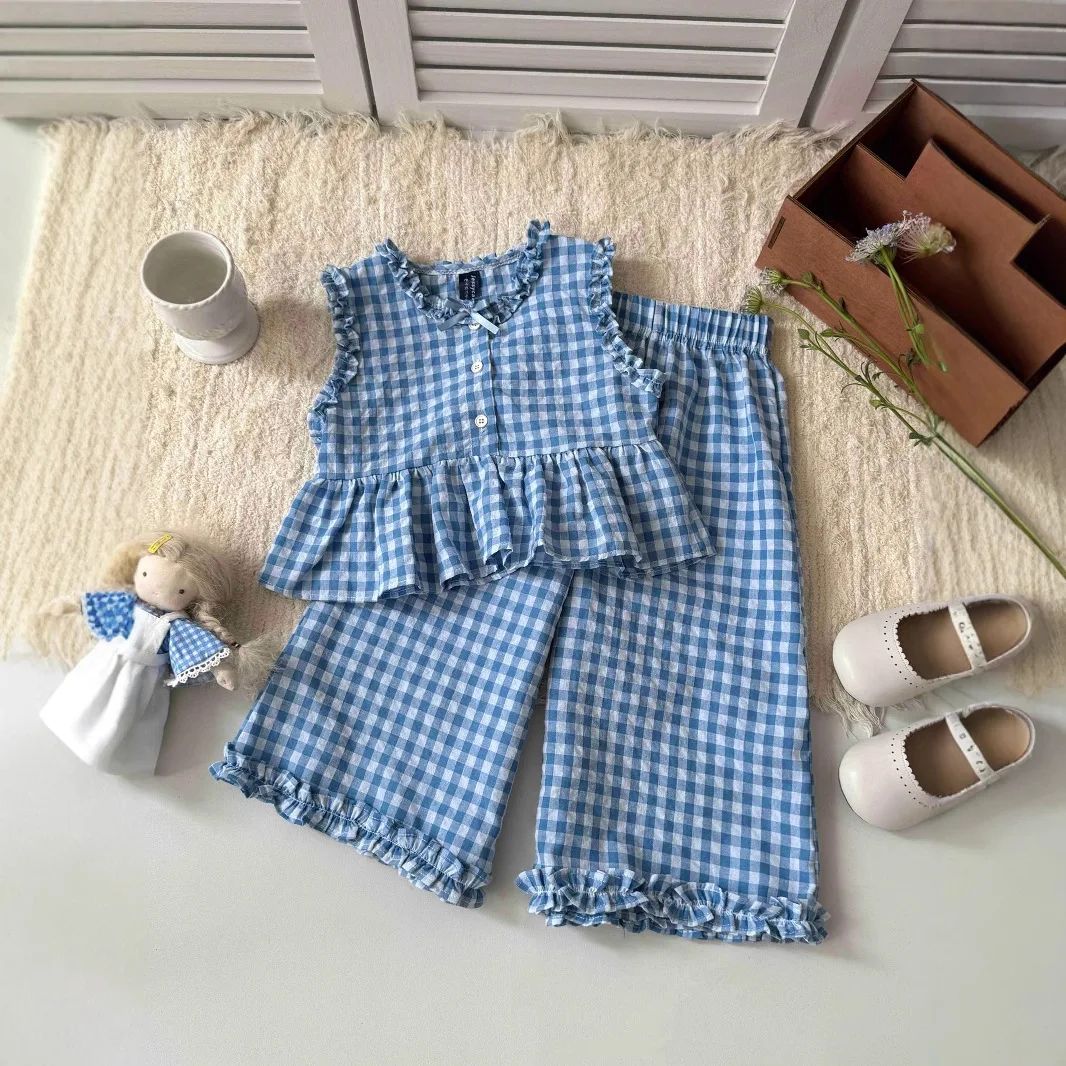 

2025 Summer New Girl's Checkered Set Fashion Korean Version Sleeveless Top Wide Leg Pants Casual Two Piece Set