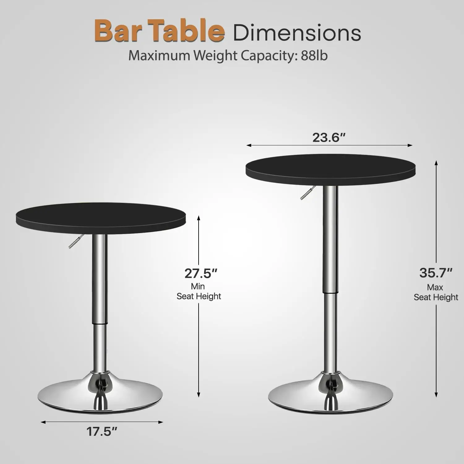 Ajustável em altura e 360 ° giratória Round Bar Table, Pub Table, Cocktail Table, High Bar Table com Metal Pole e Base, 23,5"