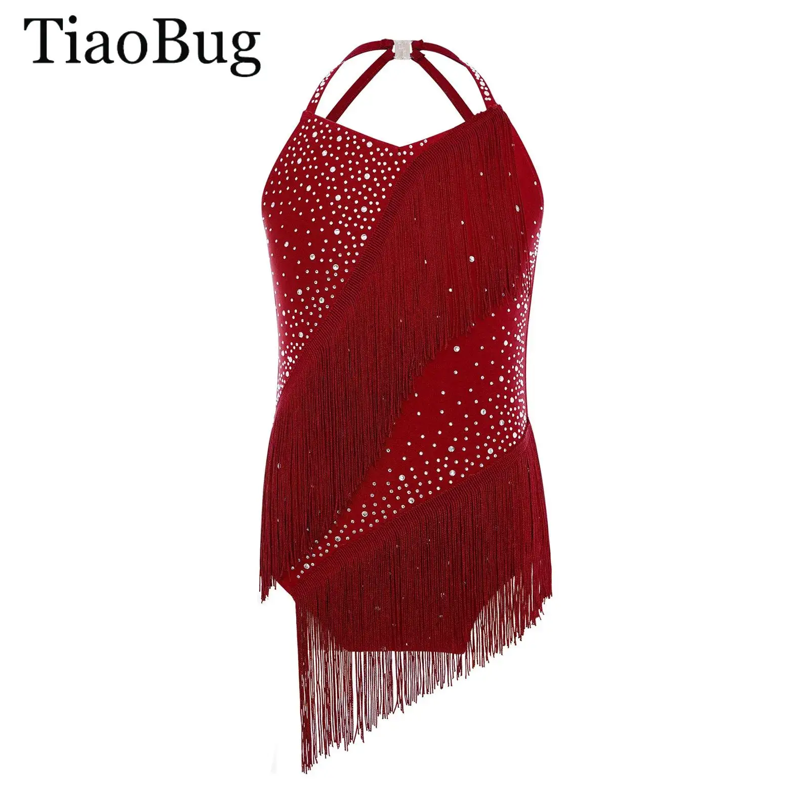 

Kid Girls Tassel Latin Dance Leotard Dress Sleeveless Halter Rhinestones Tango Cha-Cha Salsa Figure Skating Performance Bodysuit