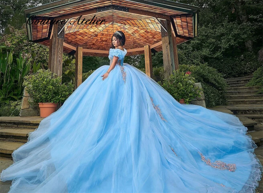 Sky Blue Puff Off The Shoulder Princess Quinceanera Dresses Beaded Lace Appliques 2024 Birthday Luxury Dress vestidos de gala