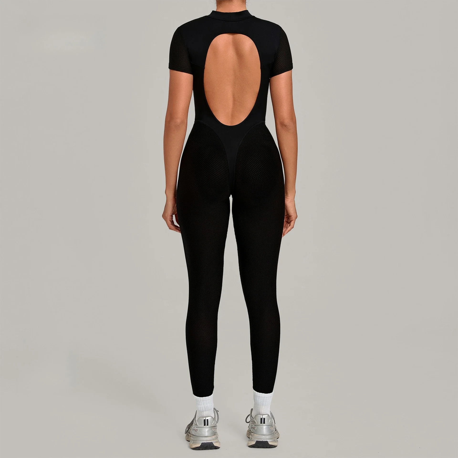 One-Piece Yoga Set Women High Neck Short Sleeve Ribbed Bodysuit High Elastic Breathable Butt-lift Gym Workout Jumpsuit Plus Size