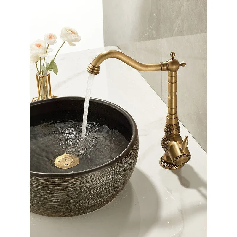 European Antique Style Retro All Copper Faucet for Bathroom Cabinet Hand Washing Basin Vegetable Countertop Rotatable Design