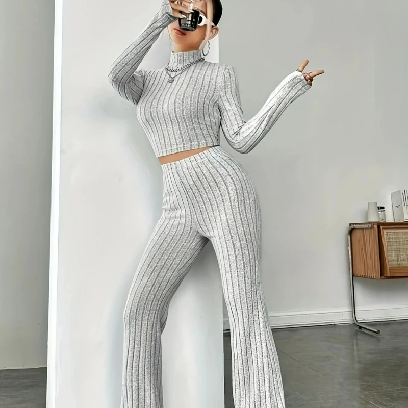 

Women Two Piece Pant Sets Solid Knit Slim Fits Turtleneck Tops Casual Straight Pants Elastic Waist Solid Sheath Autumn