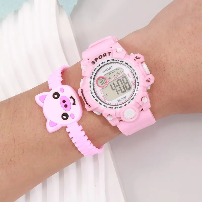 Girls Kids Children Student Pink Women Lady Clock Calendar Silica Gel Cartoon Pig Bracelet Quartz Wrist Watch