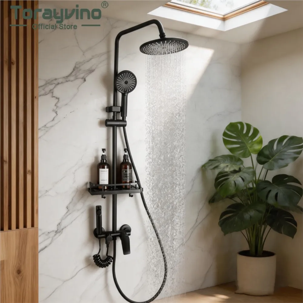 Torayvino Bathroom Shower Set 4 Function Rainfall Shower Head with Handheld Sprayer Storage Shelf Wall Mount Bath Showers System