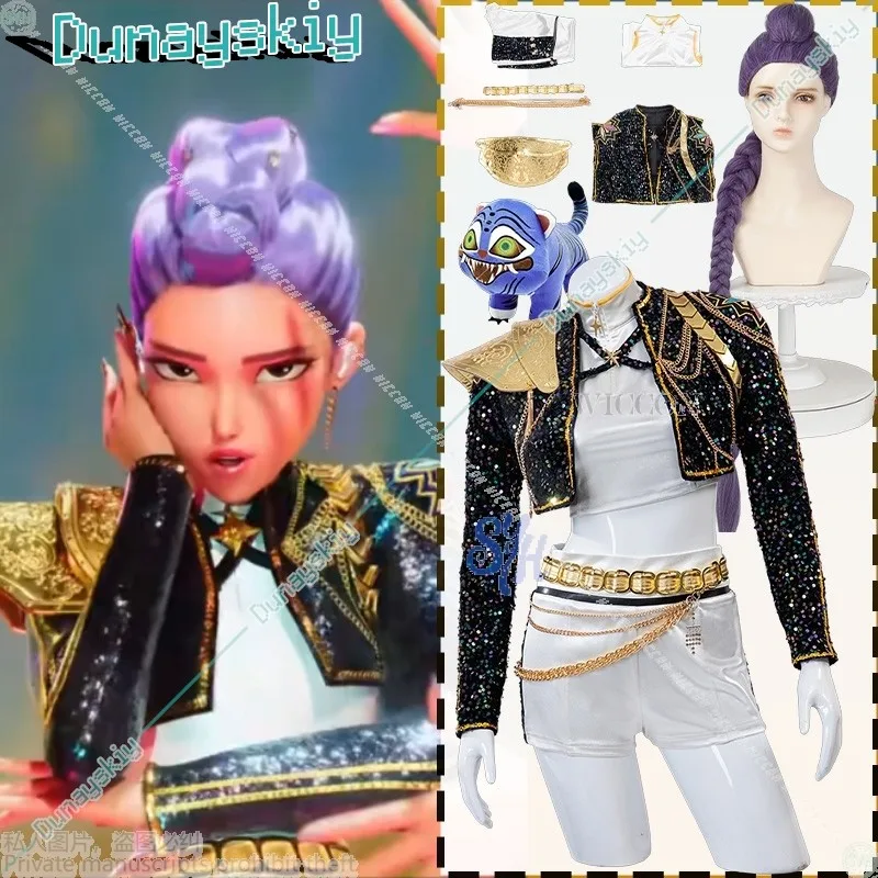 

Huntrix Rumi Cosplay Kpop Demon Anime For GOLDEN Stage Uniform Black Coat White Mini Dress Kawaii Jirai Kei Girls Korea Idol kid