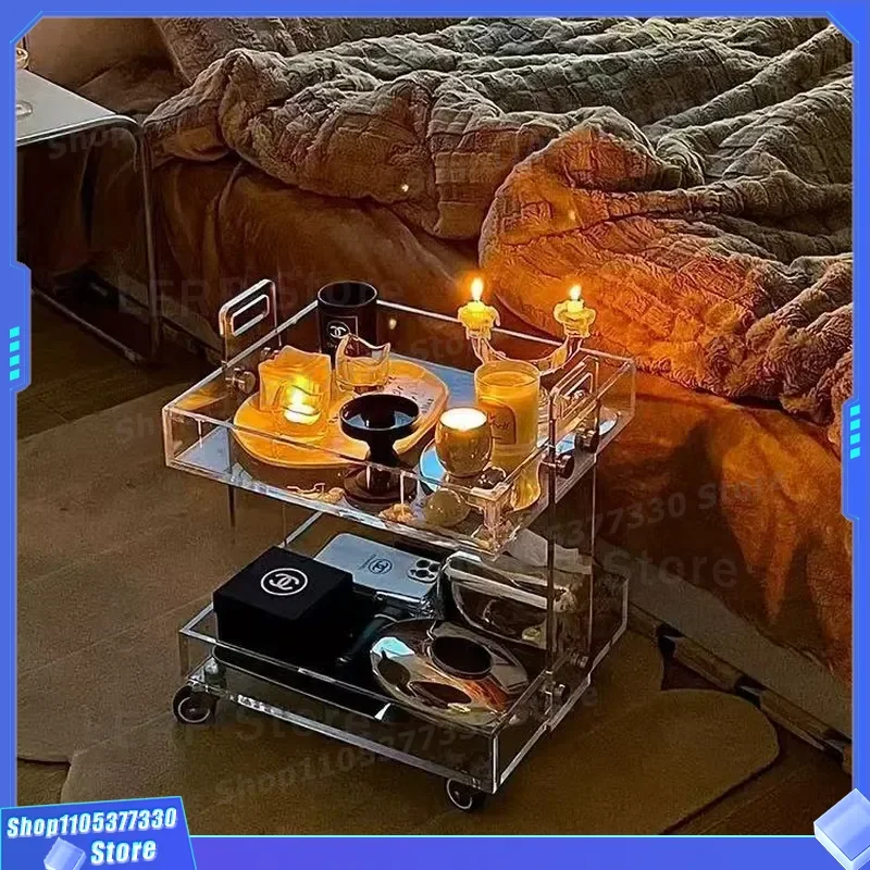 Transparent Acrylic Rolling Cart Multi Layer Storage Rack Movable Bedside Table Corner Shelf Tea Trolley for Living Room Home