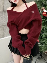 Sexy One Shoulder Hanging Neck Knitted Top Women's Korean Solid Color Off Shoulder Cross Short Knitted Pullover Sweater